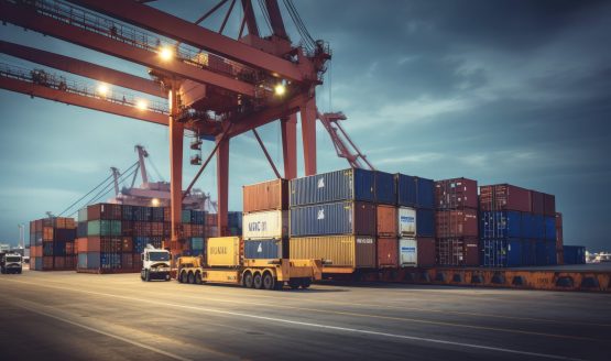 Logistics and transportation of Container Cargo ship and Cargo plane with working crane bridge in shipyard at sunrise, logistic import export and transport industry background. Ai generative Logistics and transportation of Container Cargo ship and Cargo plane with working crane bridge in shipyard at sunrise, logistic import export and transport industry background.